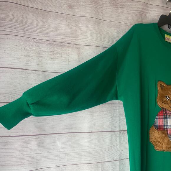 Vintage Beanzie Green Cat Nightgown Shirt Dress 1990s Fuzzy Cat Applique Bell - Picture 5 of 15